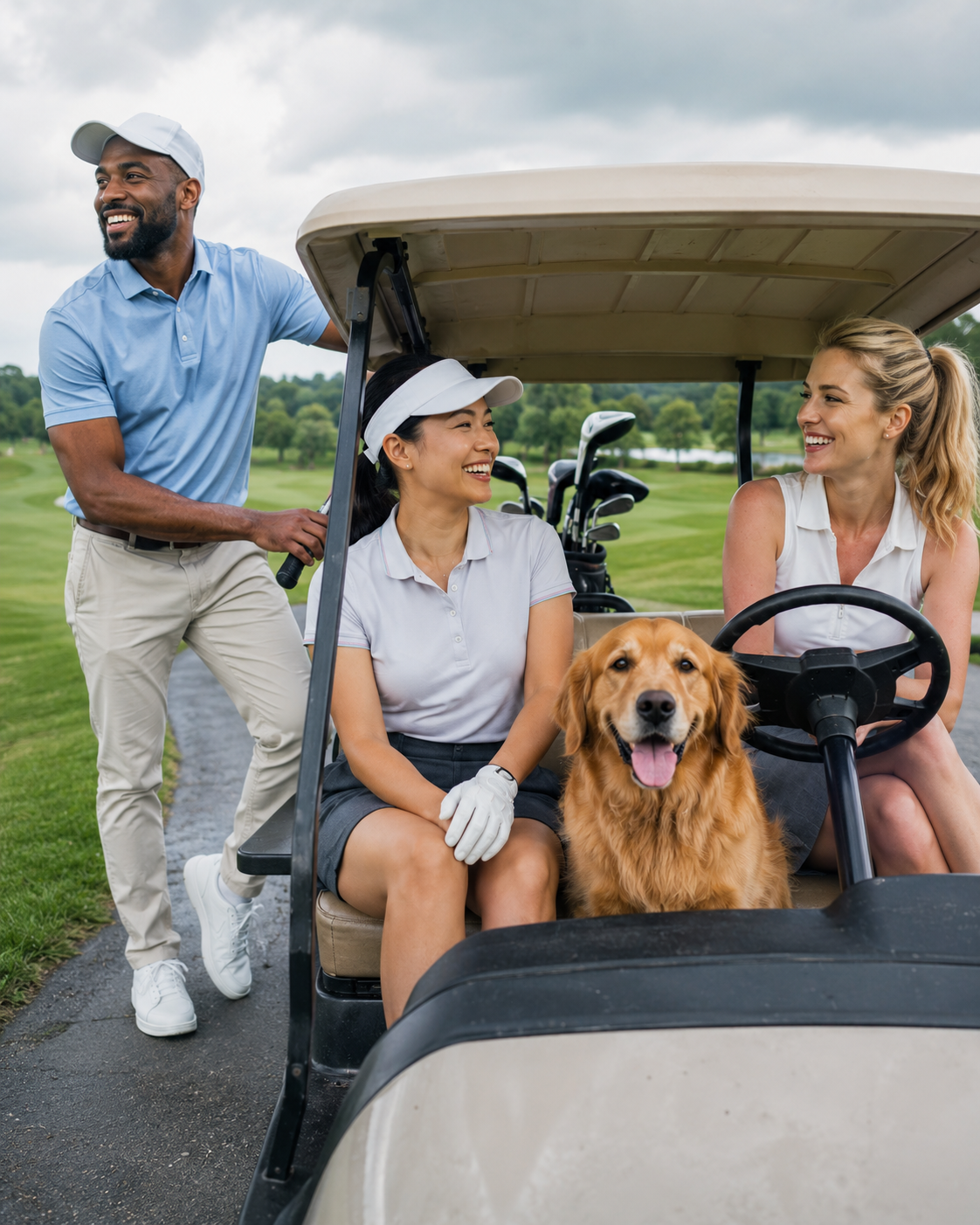 Three golfers and their golden retriever at a golf cart on a Texas course