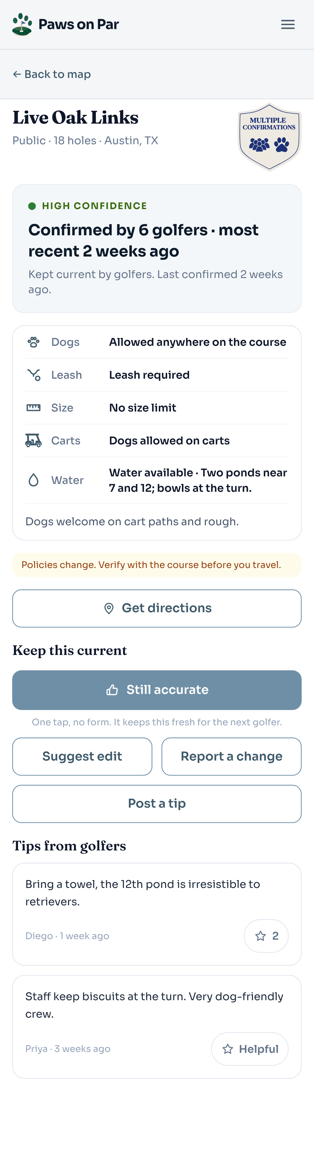 Course detail showing the dog policy, confidence banner and how recently it was confirmed