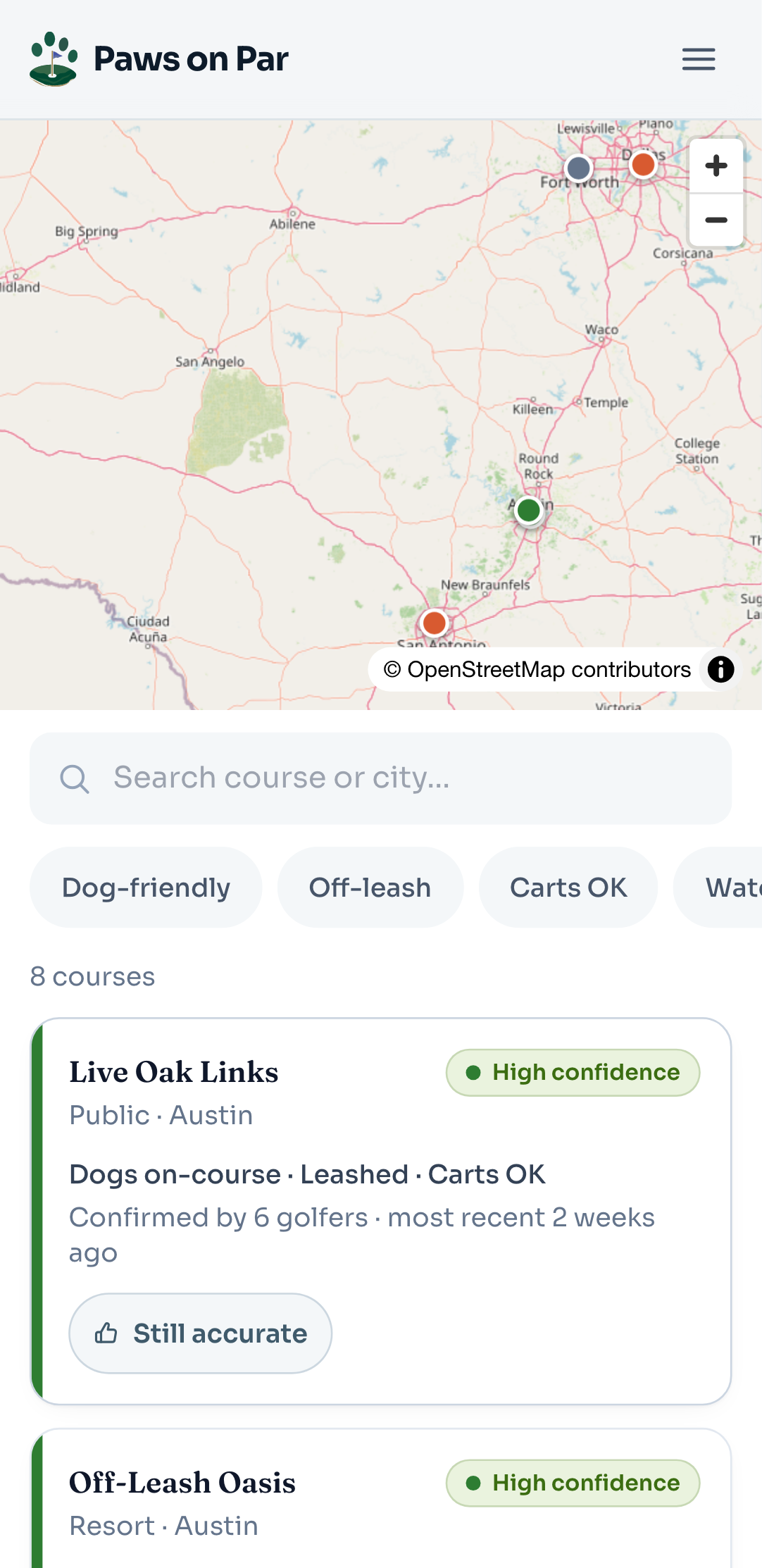 Map and list of dog-friendly courses colored by confidence